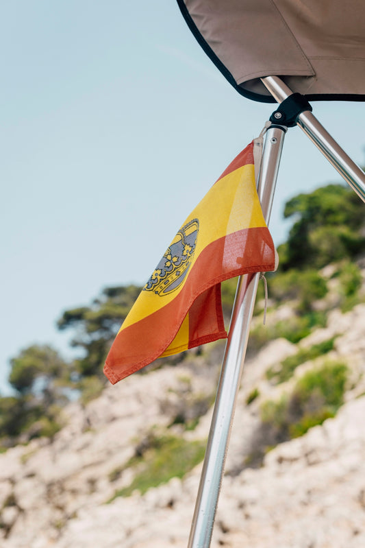 A flag on a beach next to some rocks