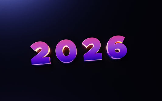 The year 2026 in purple and pink gradient numbers.